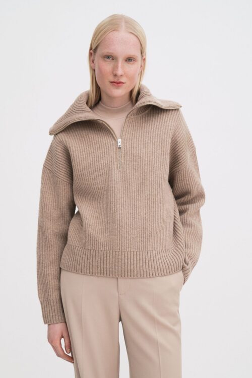 Ribbed Wool Half Zip Sweater - Beige