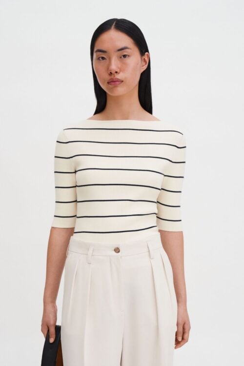 Boatneck Rib Top - Hvit/marine